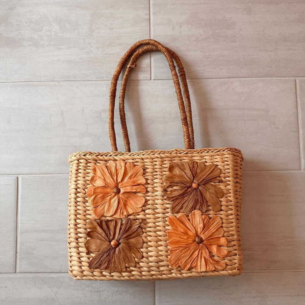 Paper Raffia Tote Bag Floral Woven Pattern Beach Chunky Flower Double Strap Boho